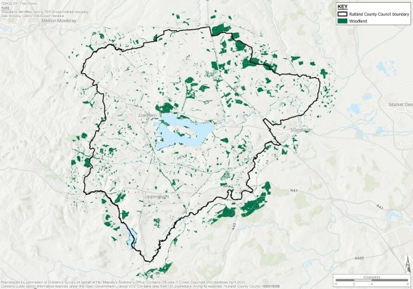 Map showing woodland cover in Rutland