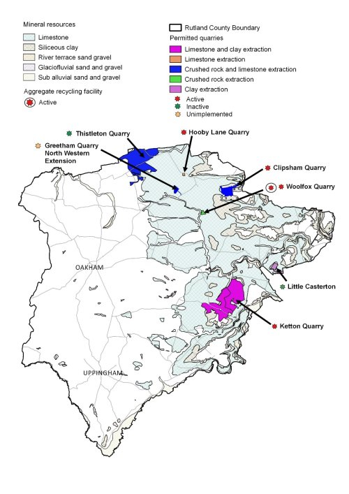 A map of the region highlighting: Greetham Quarry North Western Extension, Thistleton Quarry, Hooby Lane Quarry, Clipsham Quarry, Woolfox Quarry, Little Casterton, Ketton Quarry