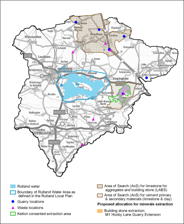 Map highlighting: Rutland water, Boundary of Rutland Water Area as defined in the Rutland Local Plan, Quarry Locations, Waste Locations, Ketton consented extraction area, Area of Search (AoS) for limestone for aggregates and building stone (LABS), Area of Search (AoS) for cement primary & secondary materials (limestone & clay). Proposed allocation for minerals extraction, Building stone extraction: M1 Hooby Lane Quarry Extension. 