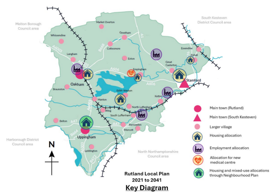 Map of Rutland showing allocations for housing, employment, a new medical centre and mixed use.