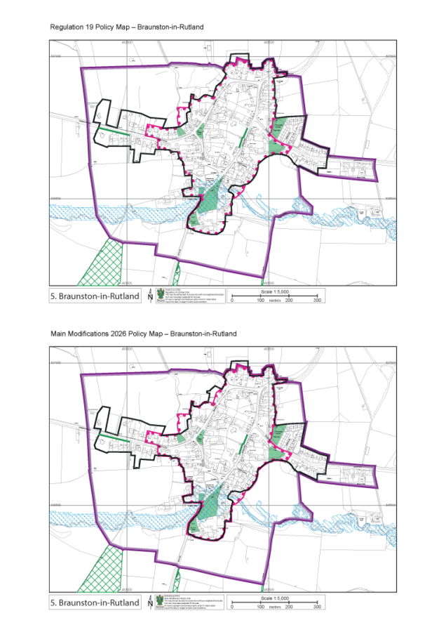 Two maps titled "Regulation 19 Policy Map – Braunston-in-Rutland" and "Main Modifications 2026 Policy Map – Braunston-in-Rutland," showing the village layout with purple, pink, and green boundaries, a scale of 1:5,000.