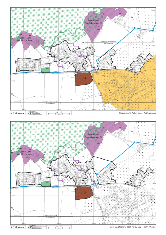 Two policy maps of the village titled "Regulation 19 Policy Map – Edith Weston" and "Main Modifications 2026 Policy Map - Edith Weston ", shown at a scale of 1:5,000. The first map displays purple, brown, yellow and green policy boundaries, while the second shows purple, brown and green policy boundaries, reflecting the modifications.