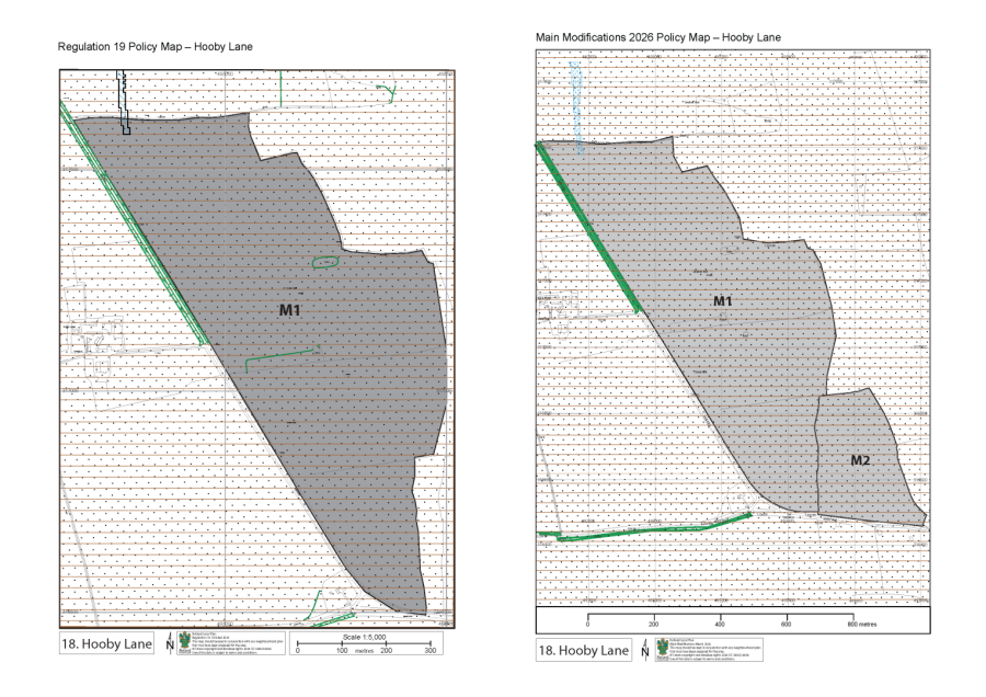Two policy maps of the village titled "Regulation 19 Policy Map – Hooby Lane" and "Main Modifications 2026 Policy Map - Hooby Lane ", shown at a scale of 1:5,000 with green policy boundaries.