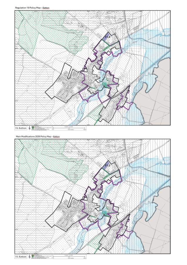 Two policy maps of the village titled "Regulation 19 Policy Map – Ketton" and "Main Modifications 2026 Policy Map - Ketton ", shown at a scale of 1:5,000 with green, black, purple and blue boundaries.