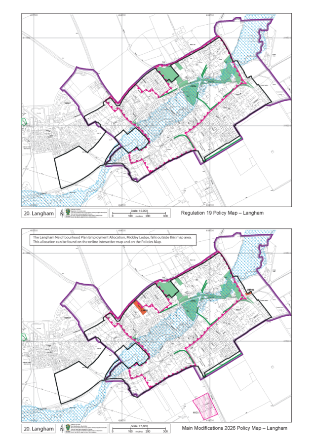 Two maps of Langham with colour-coded zoning boundaries. The top map shows Regulation 19 policy boundaries in pink, green, and black. The bottom map displays Main Modifications 2026 policy boundaries with additional orange and pink-shaded areas. Both include a scale bar of 1:5,000 and legend.