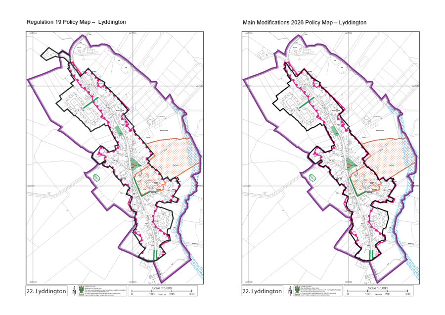 Side-by-side policy maps of Lyddington, showing Regulation 19 and Main Modifications 2026 with outlined zones and colour-coded boundaries in purple and pink, over a detailed street layout.