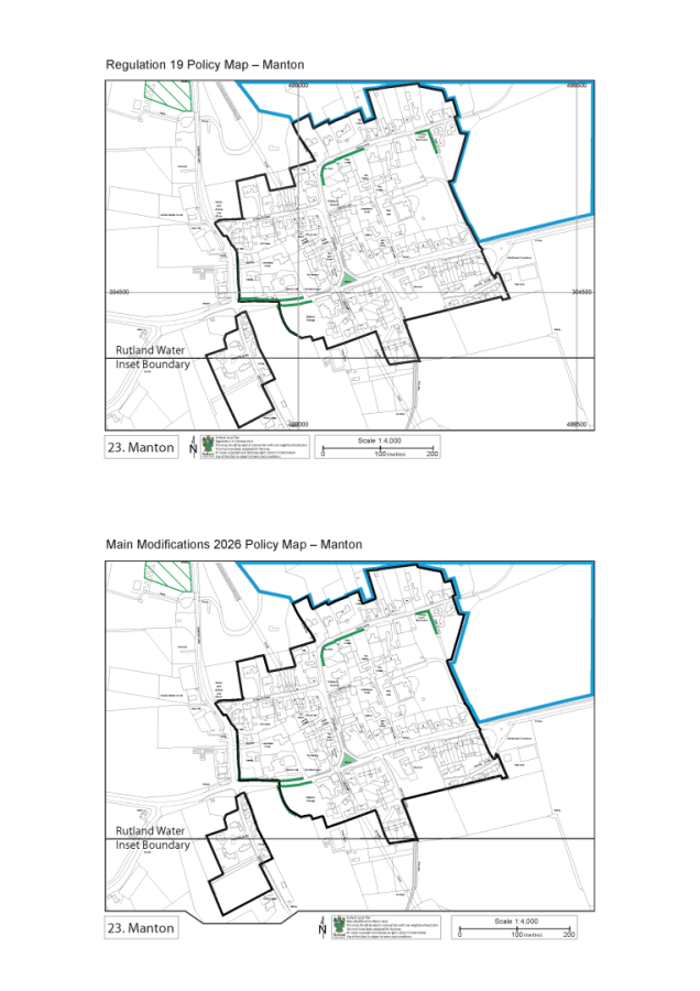 Two side-by-side maps of Manton showing Regulation 19 and Main Modifications 2026 policy boundaries, with Rutland Water inset boundaries highlighted in black and green lines.