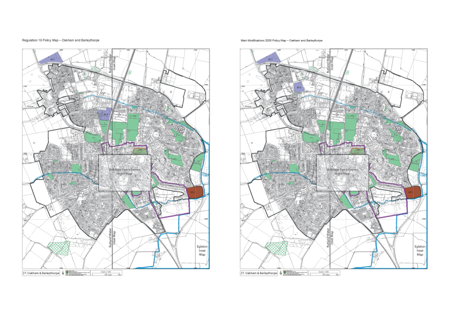 Two side-by-side maps of Oakham and Barleythorpe, highlighting Regulated 19 Policy areas with green, purple, and orange zones, and Main Modifications 2026 Policy areas with similar colour-coded zones.