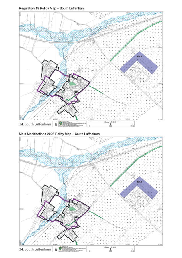 Two maps of South Luffenham showing Regulation 19 and Main Modifications 2026 policy zones, with a legend, scale, and labels E1.6 and E1.4 marking areas.