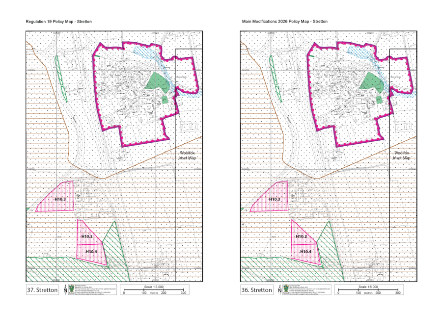 Two side-by-side maps of Stretton labelled "Regulation 19 Policy Map" and "Main Modifications 2026 Policy Map", each showing a large area outlined in magenta, smaller areas marked H10.2, H10.3, and H10.4, green shaded regions, roads, and scale bars.
