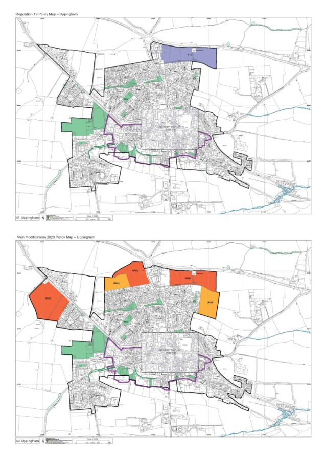 Two maps of Uppingham showing zonal modifications: the top map has a purple area at the top centre, while the bottom map is the proposed modification and replaces it with orange, red, and green zones. Both include a dense urban layout with roads and boundaries marked.