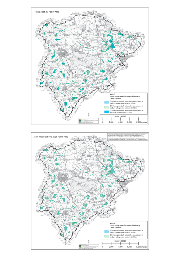 Two maps titled "Regulation 19 Policy Map" and "Main Modifications 2026 Policy Map" showing areas suitable for wind turbines, with light green indicating small climbs or existing turbines and dark teal indicating potentially suitable areas.