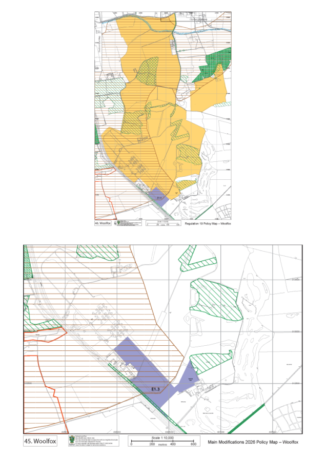 Top: Woolfox Regulation 19 Policy Map with yellow, green, blue, and grey shaded areas. Bottom: Woolfox Main Modifications 2026 Policy Map showing similar regions in orange, green, blue, and grey.