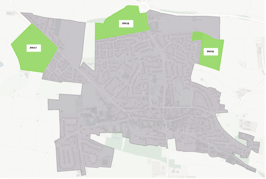 Map with grey urban area and three adjacent green zones labelled PM17, PM18, PM19.